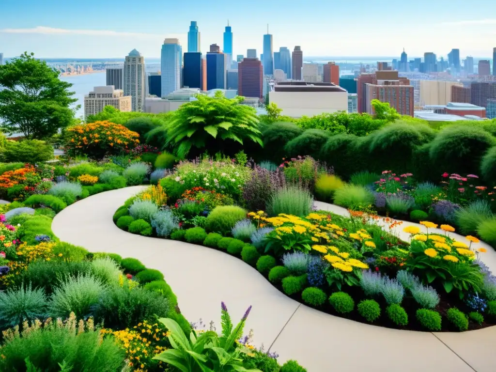 Un jardín verde exuberante en la azotea, lleno de vida con mariposas y abejas revoloteando alrededor de las flores