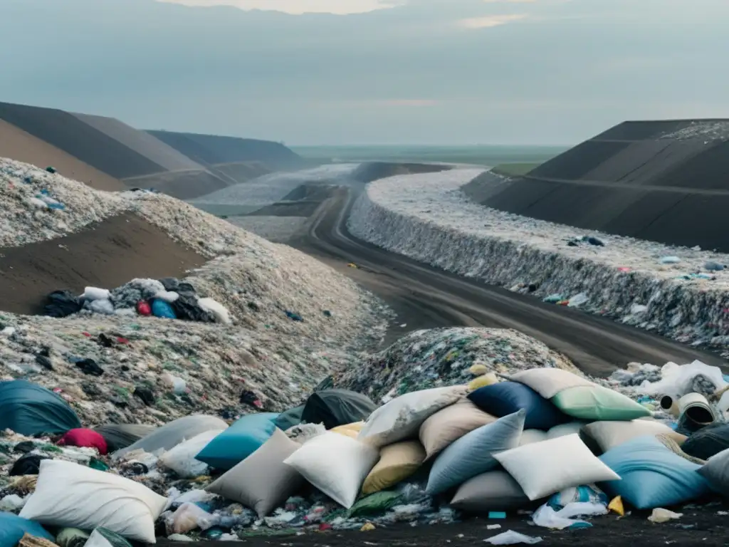 Un vertedero desolado lleno de desechos de la industria de la moda convencional, evocando la necesidad de productos sostenibles en la moda global