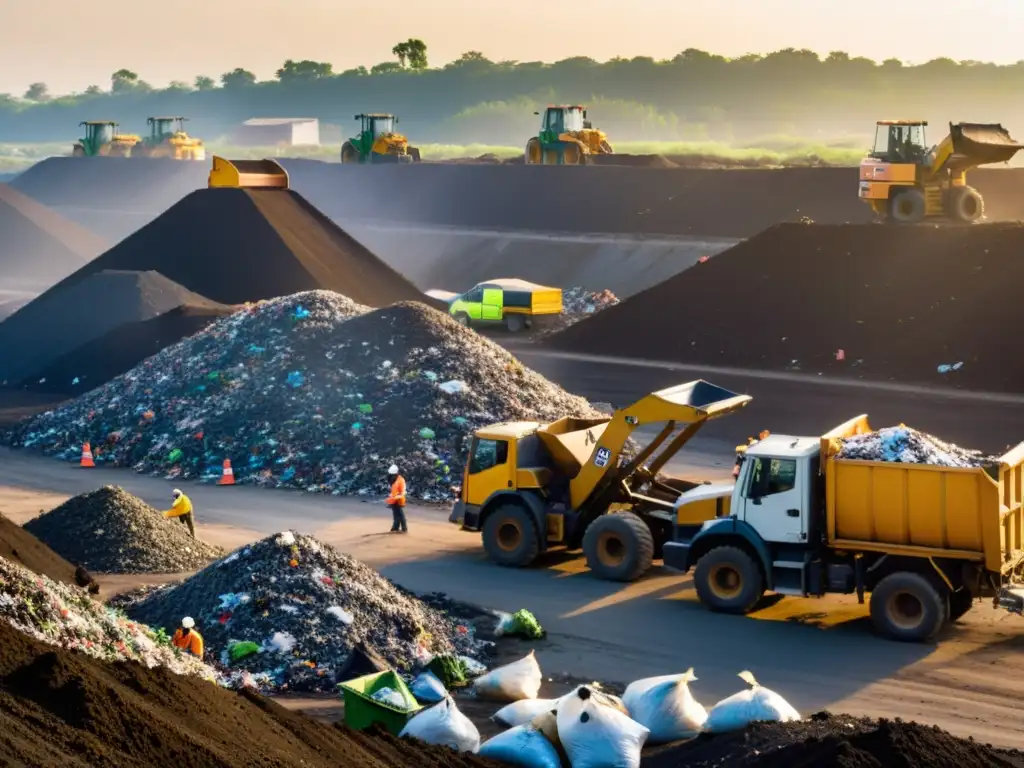 La gestión de residuos: un desafío global y urgente Un vertedero urbano bullicioso con trabajadores separando desechos, maquinaria compactando basura y camiones descargando