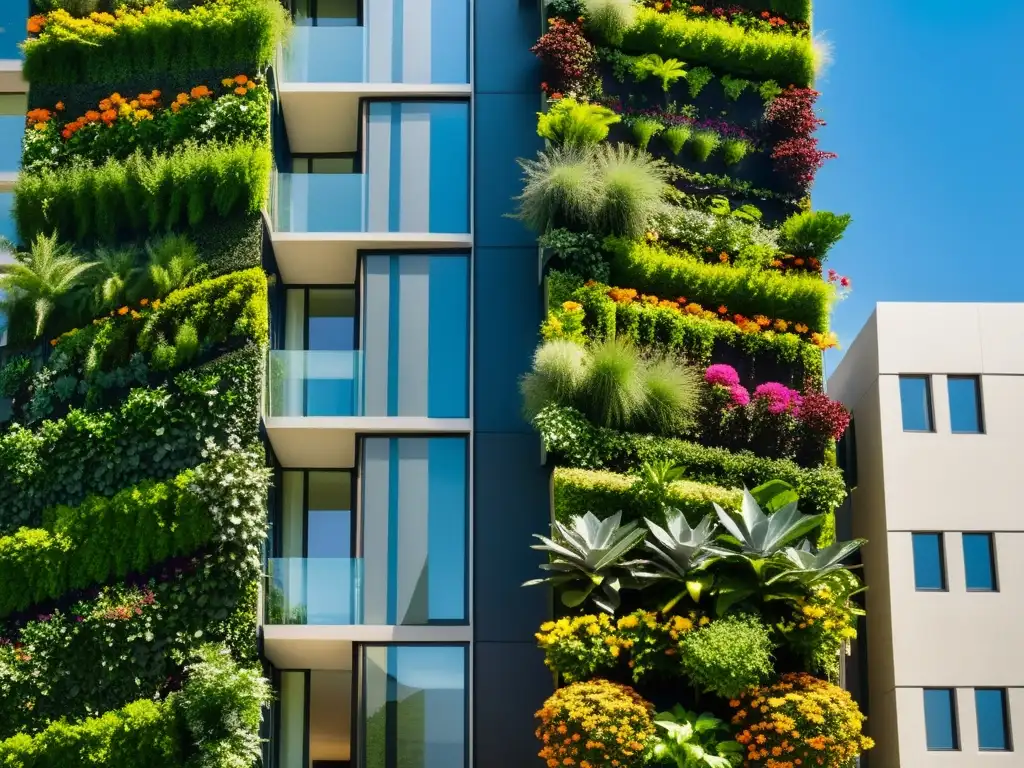 Un jardín vertical elaborado con plantas exuberantes y flores vibrantes, integrando armoniosamente la naturaleza en la estructura urbana