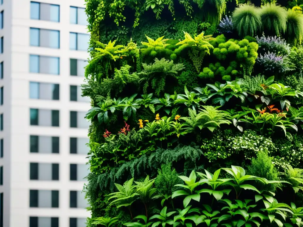 Un jardín vertical exuberante y vibrante en armonía con la arquitectura urbana