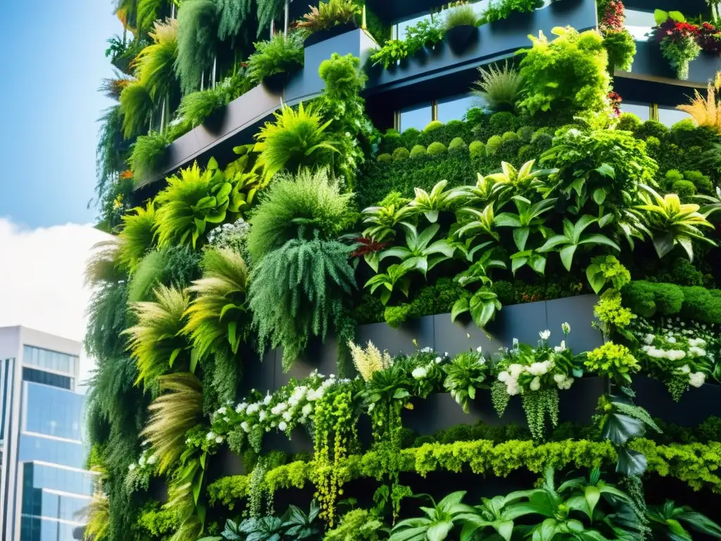 Un jardín vertical vibrante en medio de la ciudad, con plantas detalladas y luz solar filtrada