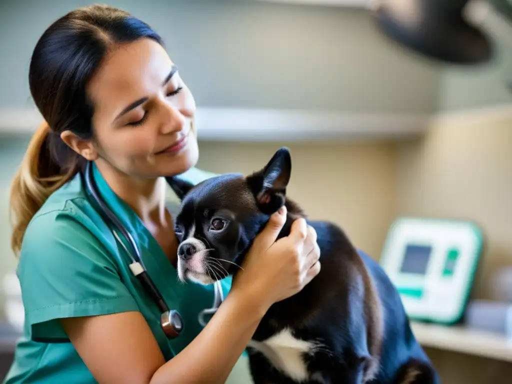 Un veterinario reconforta a un animal herido en clínica, mostrando certificaciones bienestar animal ética sostenible