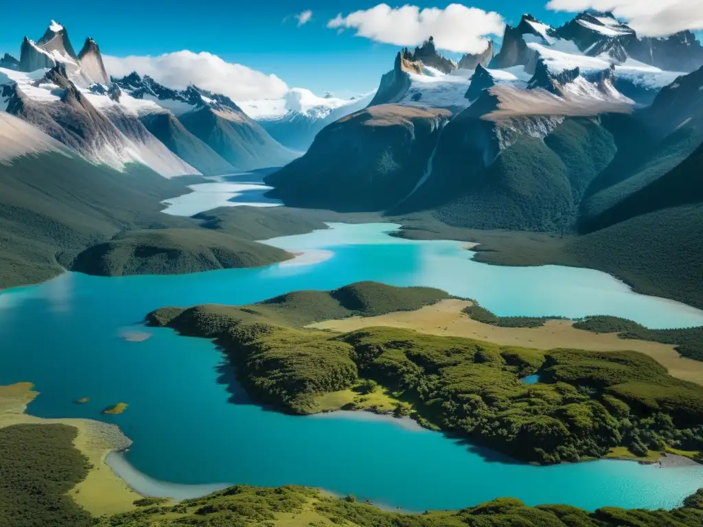 Viaje responsable a la Patagonia: paisaje prístino de montañas nevadas, lagos cristalinos y fauna autóctona en un entorno natural impresionante