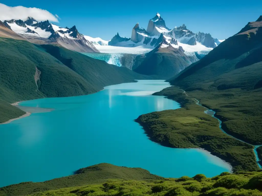 Viaje responsable a la Patagonia: paisaje prístino con glaciar azul y picos nevados