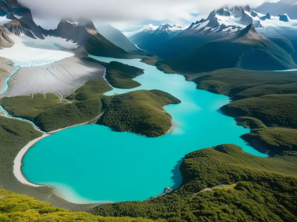 Viaje responsable a la Patagonia: Escena impresionante de glaciares, lagos turquesa y montañas nevadas, con senderistas a lo lejos