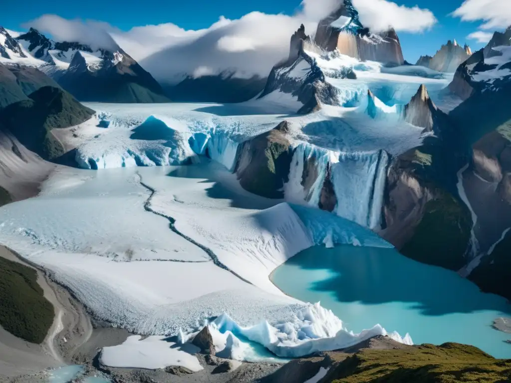 Viaje responsable a la Patagonia: Imponente glaciar en la luz del sol, con picos y grietas azules en el hielo, y un grupo de hikers en primer plano