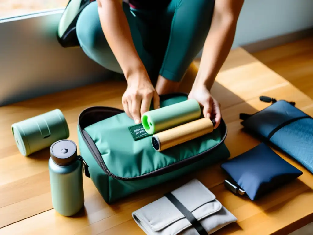 Un viajero organizando accesorios de viaje ecológicos en una mochila, con luz natural que realza la escena consciente y sostenible