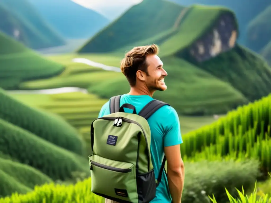 Viajero con accesorios de viaje ecológicos disfrutando de la naturaleza