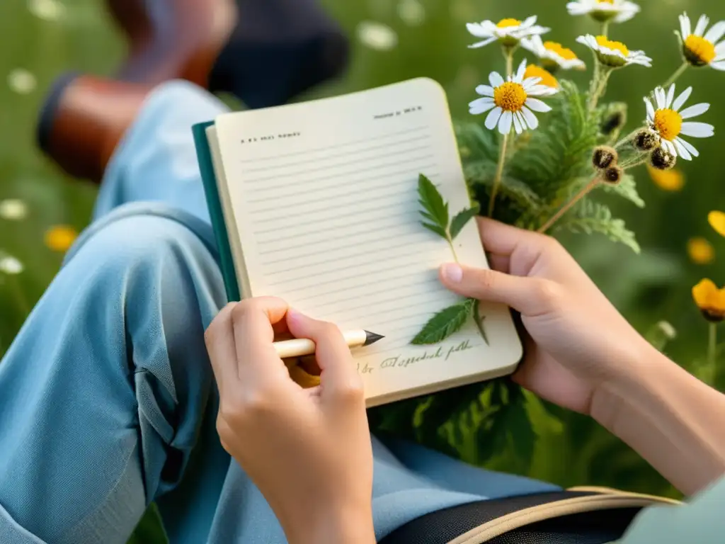 Un viajero sostiene un cuaderno ecológico abierto con notas escritas a mano y flores prensadas, iluminado por la luz natural