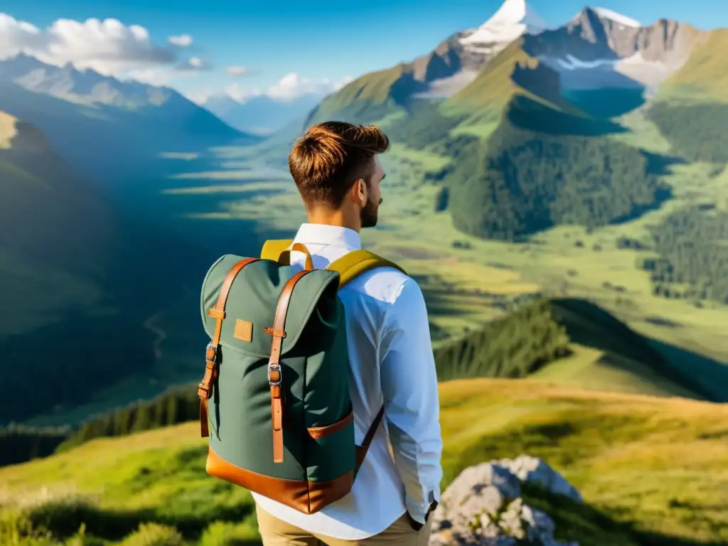 Un viajero de pie frente a un impresionante paisaje montañoso, con una mochila de materiales reciclados