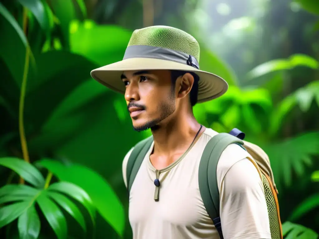 Un viajero ajustando su sombrero en la exuberante selva del Darién, vistiendo ropa anti insectos para zonas tropicales