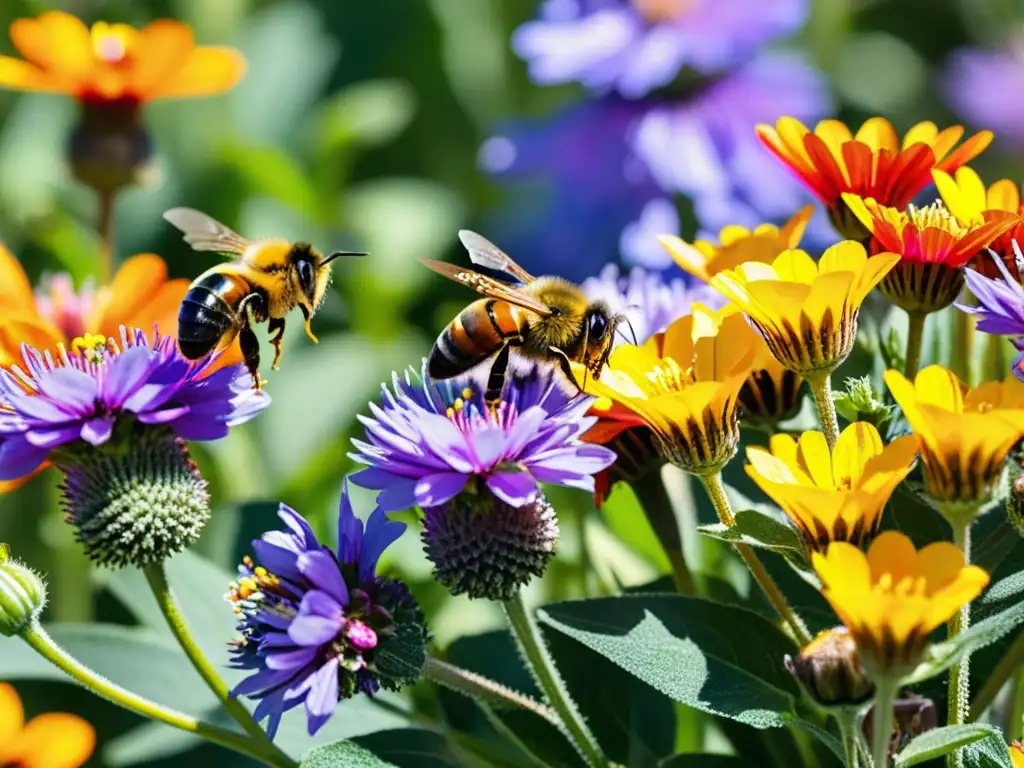 Vibrante jardín amigable para polinizadores, con flores coloridas y actividad de abejas y mariposas nativas