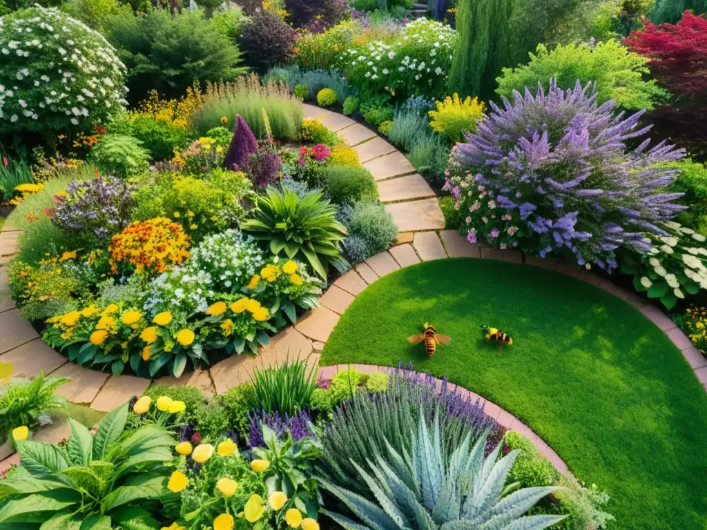 Vibrante jardín amigable para polinizadores con flores coloridas, abejas y diseño meticuloso, bañado por la cálida luz del sol