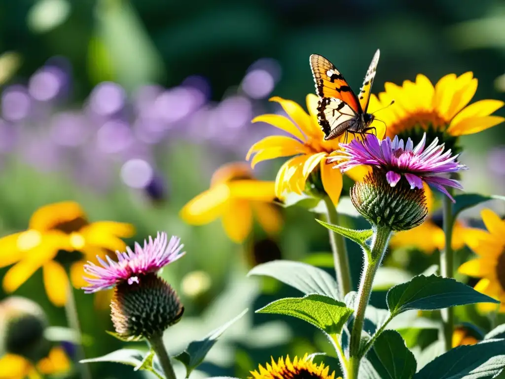 Vibrante jardín amigable para polinizadores con flores y visitantes, destacando la vitalidad del ecosistema