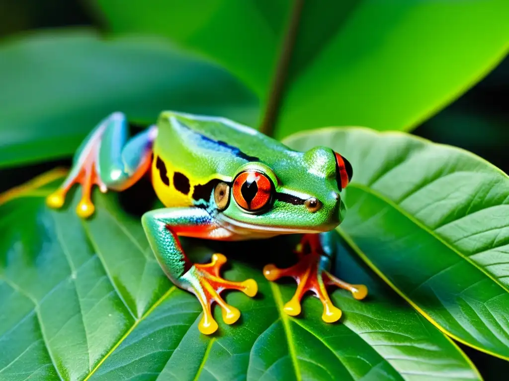 Un vibrante árbol de ojos rojos se posa en una hoja verde en la selva tropical