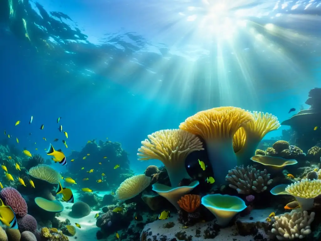 Un vibrante arrecife de coral muestra la adaptación de ecosistemas al cambio climático, con peces coloridos y esponjas vibrantes