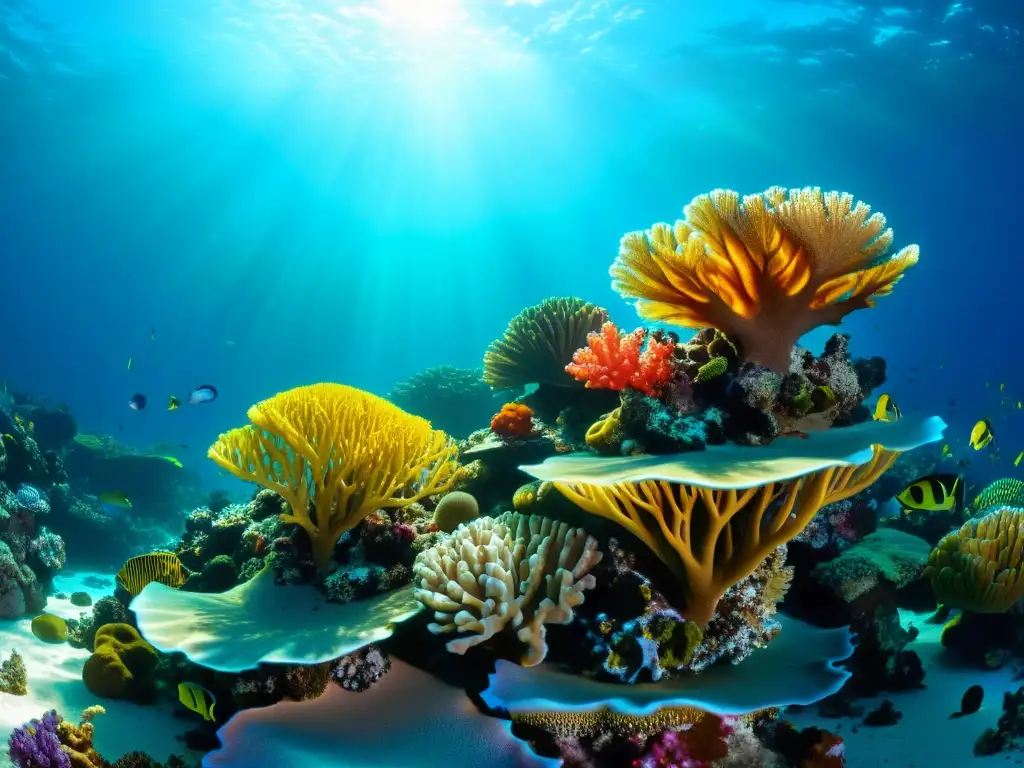 Arrecife de coral: belleza submarina en alta resolución Vibrante arrecife de coral bajo el agua cristalina, impacto de variaciones sensibilidad climática en ecosistemas marinos