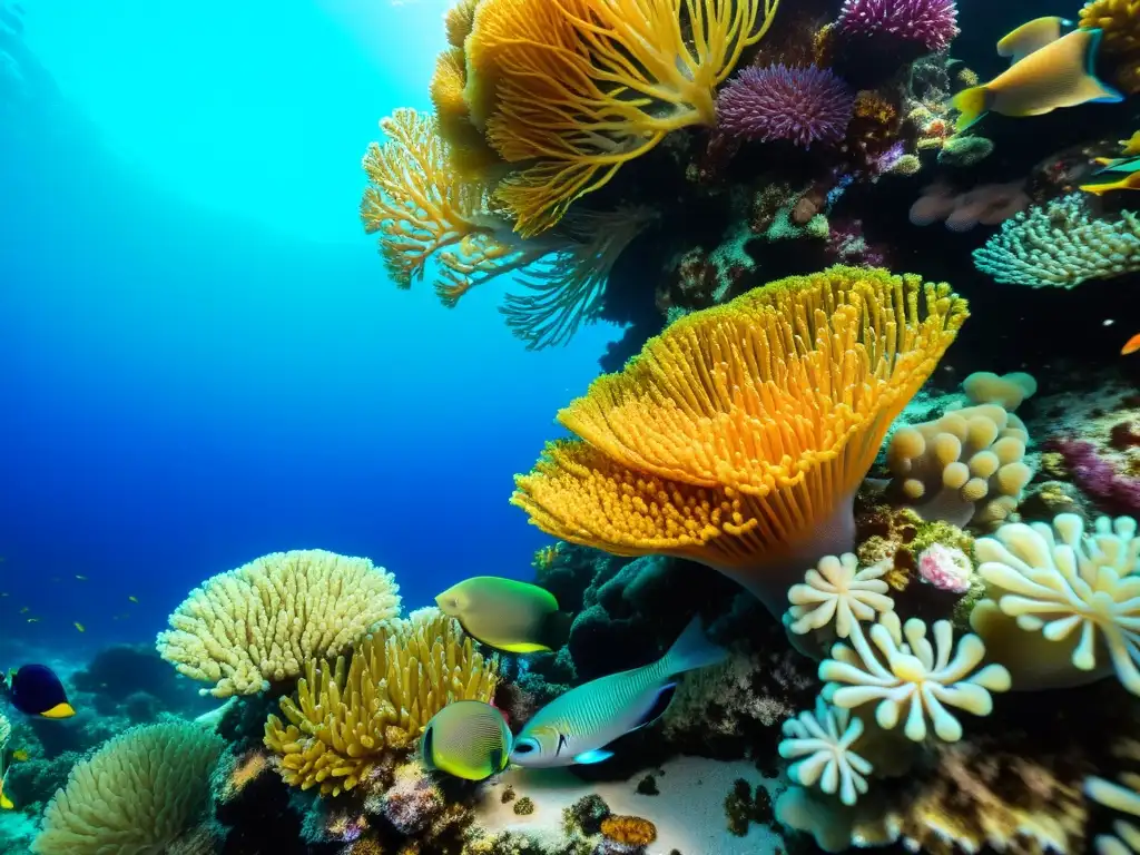 Vibrante arrecife de coral con colonias juveniles y diversa vida marina