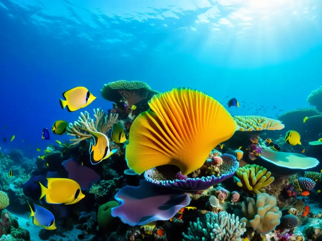 Vibrante arrecife de coral con esponjas de colores variados y peces tropicales