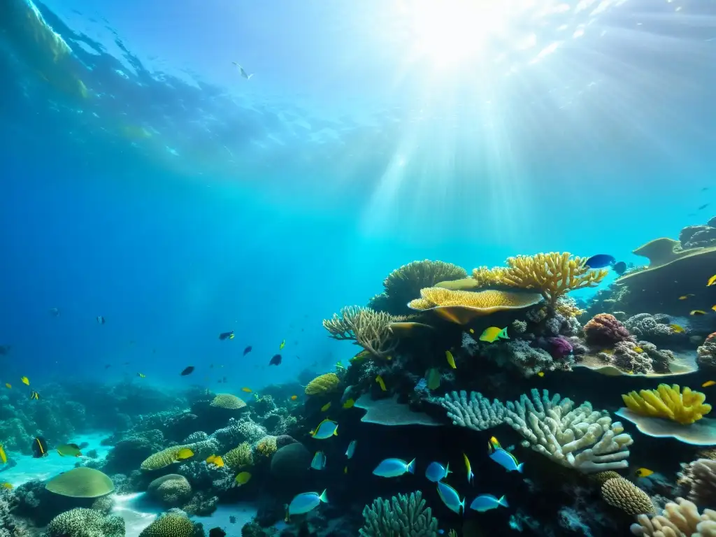 Vibrante arrecife de coral con diversa vida marina