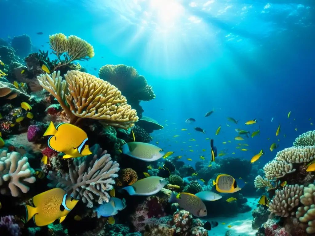 Un vibrante arrecife de coral con diversa vida marina y patrones de luz, destacando la importancia de la conservación de ecosistemas y políticas