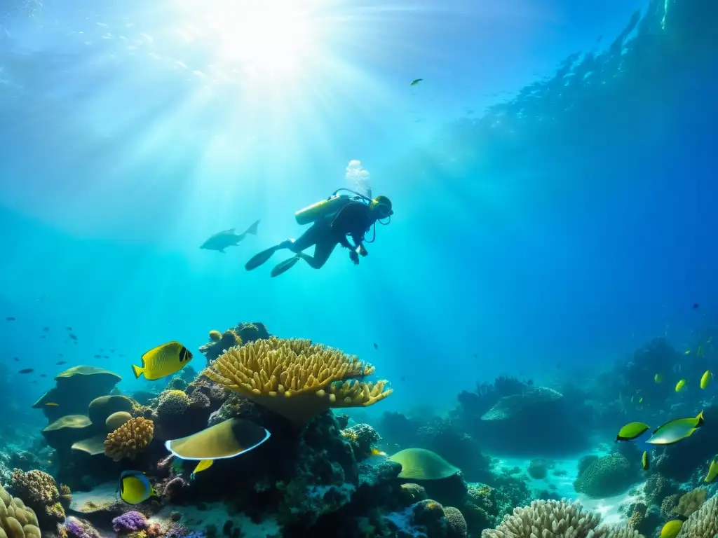 Un vibrante arrecife de coral con una diversidad de vida marina, destacando la adaptación de los ecosistemas acuáticos y la acidificación del océano