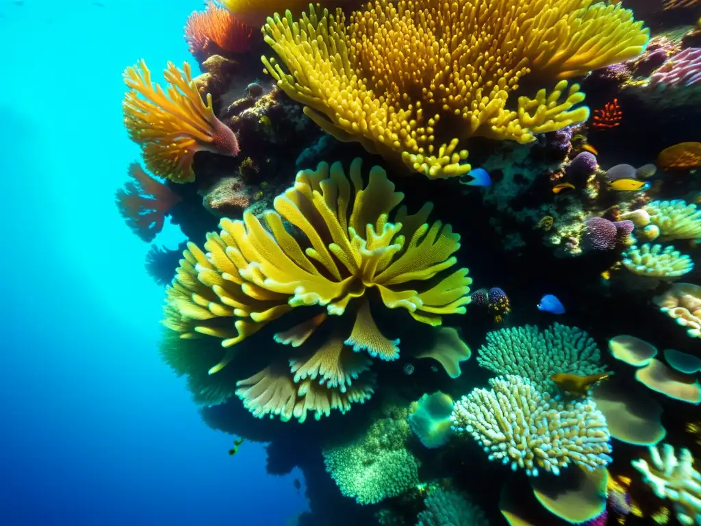 Vibrante arrecife de coral con diversidad de especies y movimiento dinámico de peces