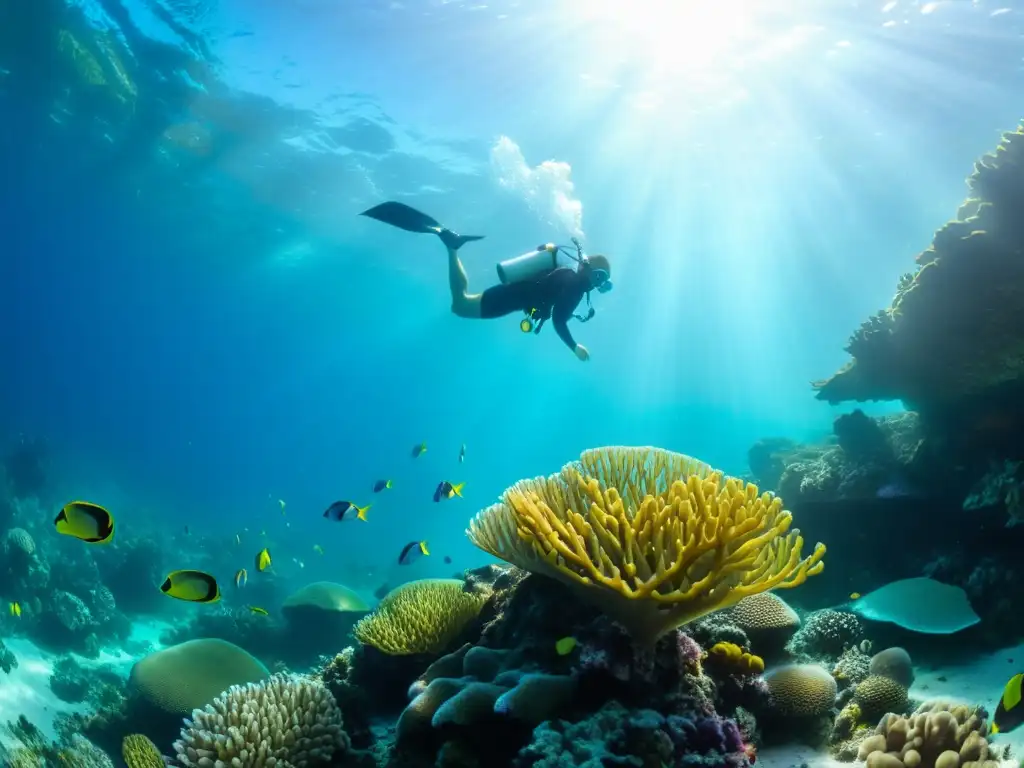 Vibrante arrecife de coral con diversidad marina y equipo de snorkel y buceo responsable admirando el ecosistema submarino