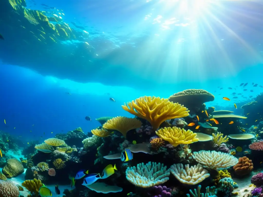 Vibrante arrecife de coral, ecosistema adaptándose al cambio climático, con vida marina diversa entre formaciones coloridas