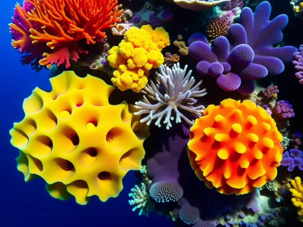 Vibrante arrecife de coral con esponjas coloridas en un ecosistema vital