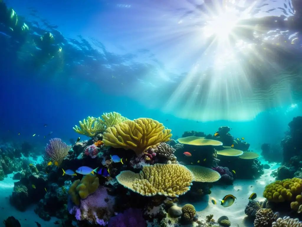 Un vibrante arrecife de coral, hogar de especies variadas, con peces coloridos entre corales en tonos morados, naranjas y verdes