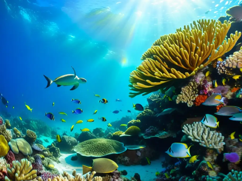 Un vibrante arrecife de coral, hogar de diversa vida marina, muestra la belleza y diversidad de la conservación marina