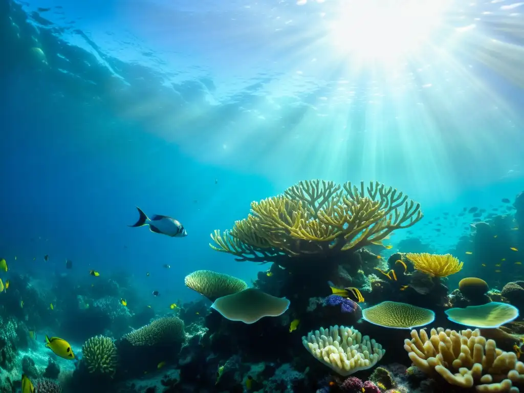 Un vibrante arrecife de coral, hogar de ecología marina diversa, iluminado por el juego de luces y sombras en el fondo marino