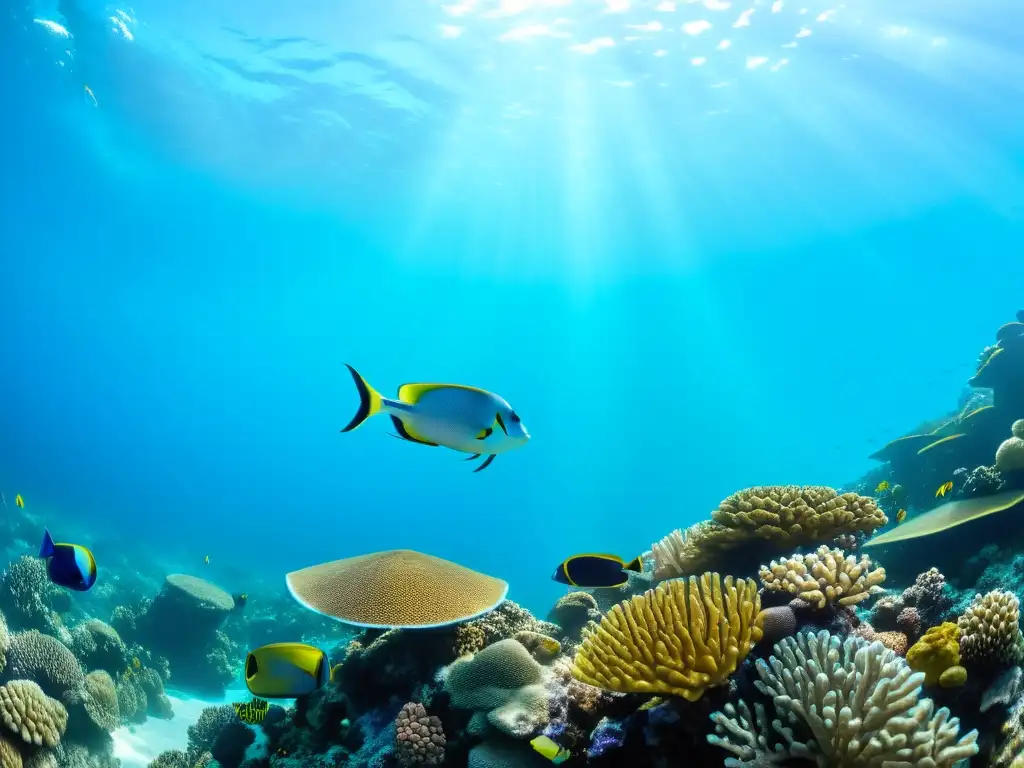 Un vibrante arrecife de coral, hogar de peces coloridos y vida marina, iluminado por aguas cristalinas