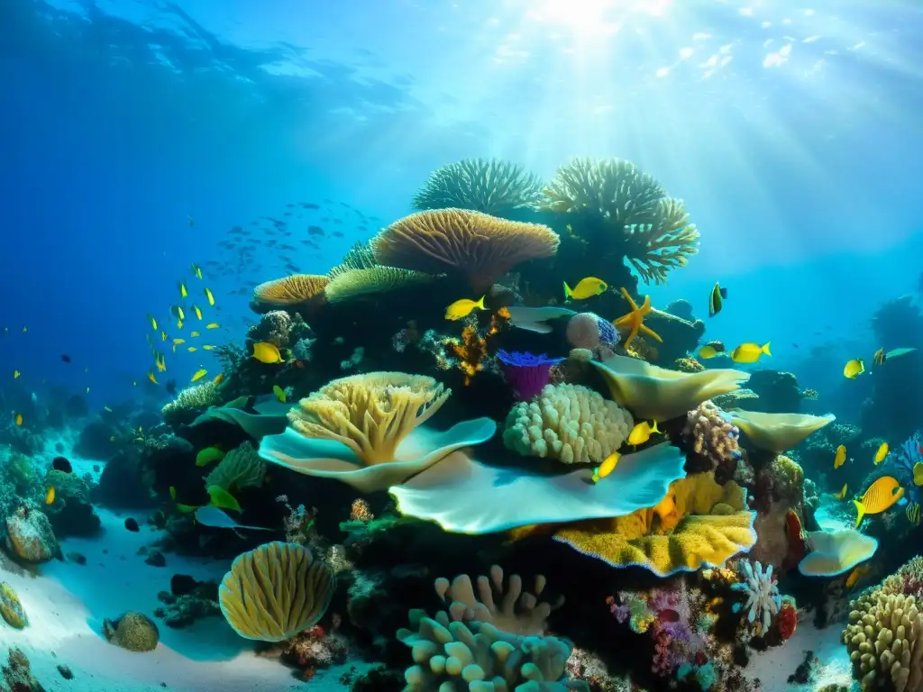 Vibrante arrecife de coral, impactado por el cambio climático, muestra vida marina diversa y colorida en aguas cristalinas