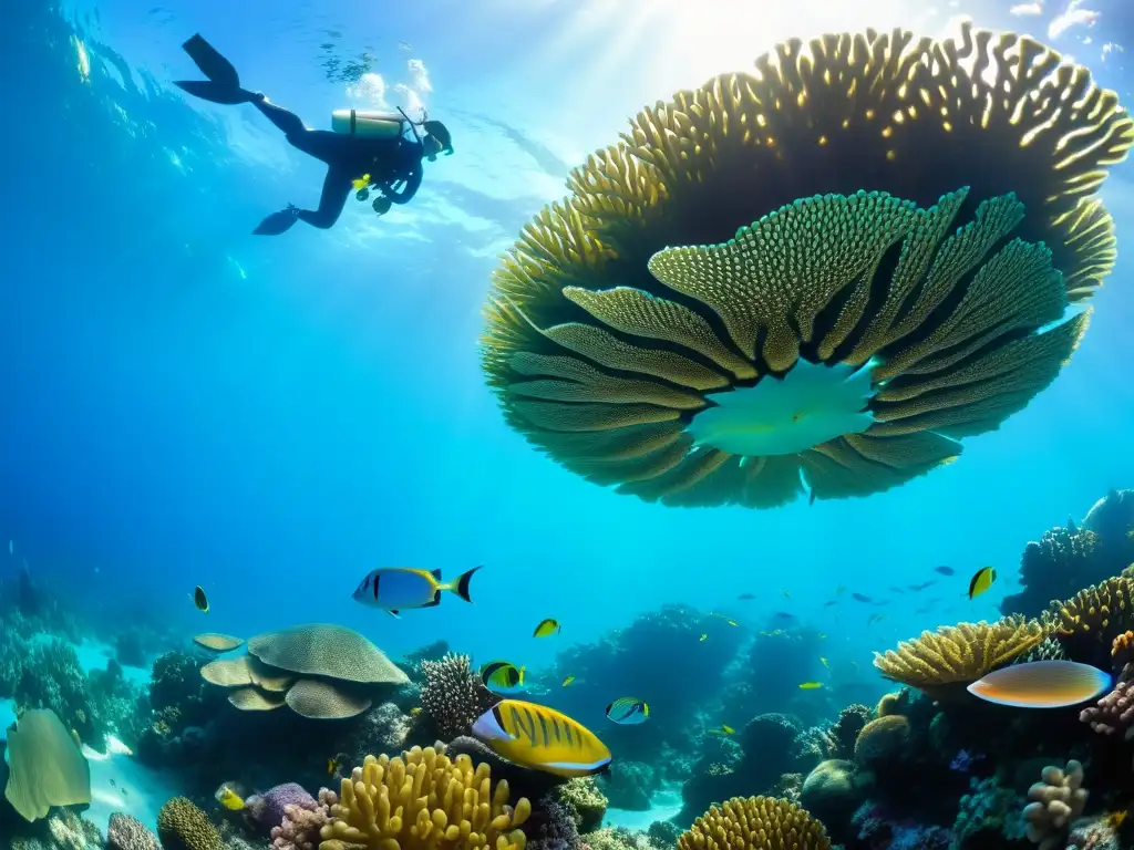 Un vibrante arrecife de coral lleno de vida marina, con peces coloridos, formaciones de coral e plantas marinas