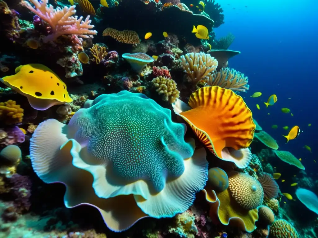 Vibrante arrecife de coral lleno de moluscos marinos, incluyendo nudibranquios y almejas gigantes