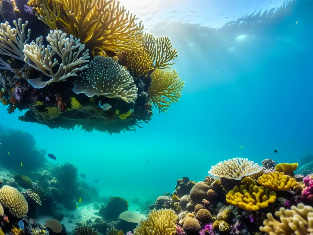 Vibrante arrecife de coral con microplásticos flotando en el agua, muestra la impactante contaminación por microplásticos en océanos