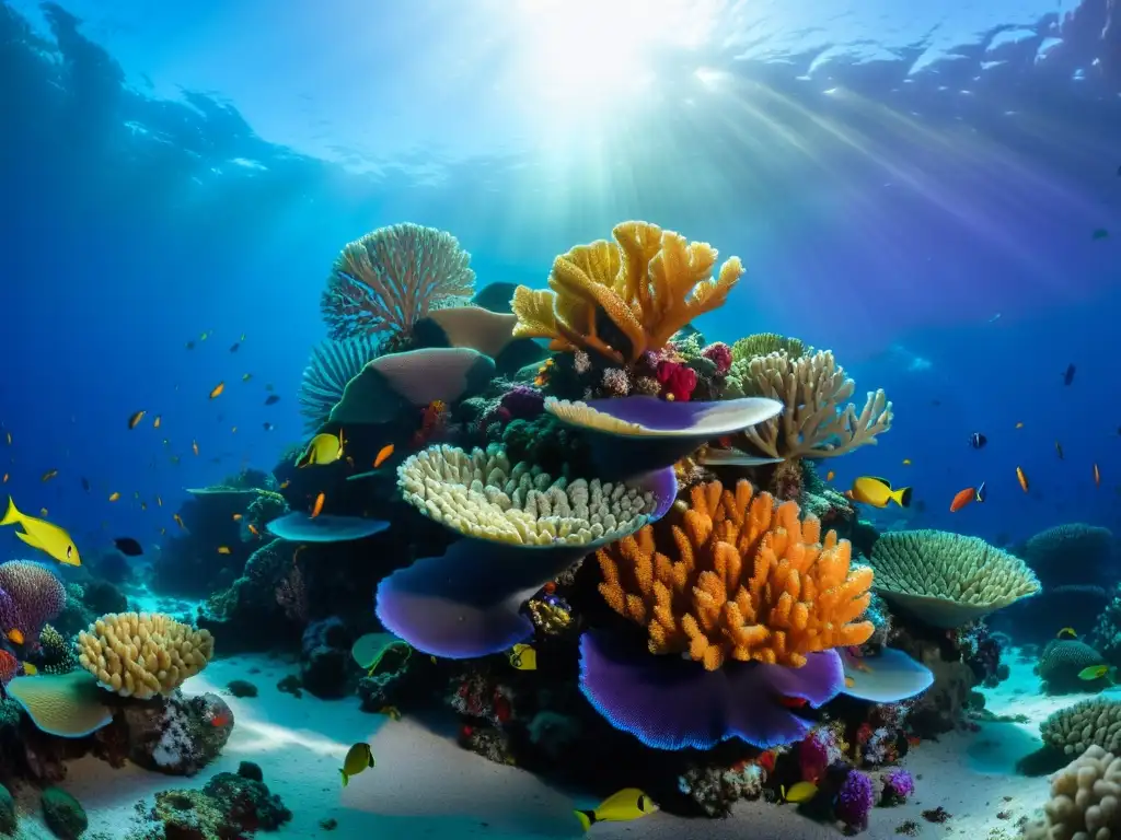 Arrecife de coral vibrante en 8k Un vibrante arrecife de coral del mundo en 8k, con una diversidad de especies en tonos brillantes y peces juguetones entre las formaciones