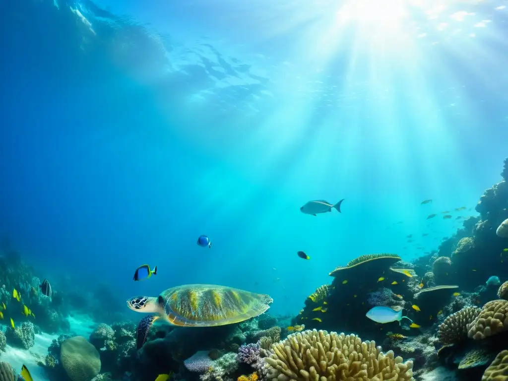 Un vibrante arrecife de coral con peces coloridos, tortugas marinas y diversidad de vida marina