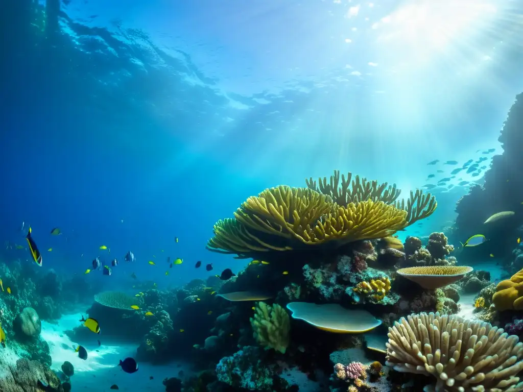 Vibrante arrecife de coral con peces coloridos y vida marina, bañado por la luz solar