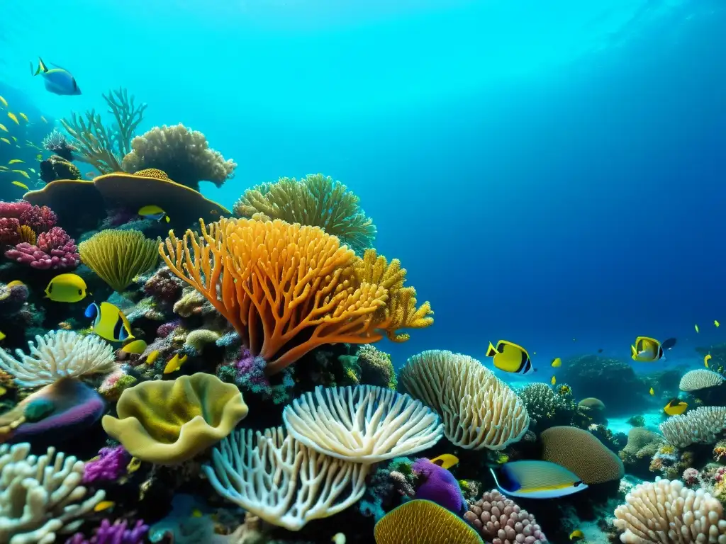 Vibrante arrecife de coral con peces coloridos y algas, ilustrando la influencia del calentamiento en redes tróficas marinas