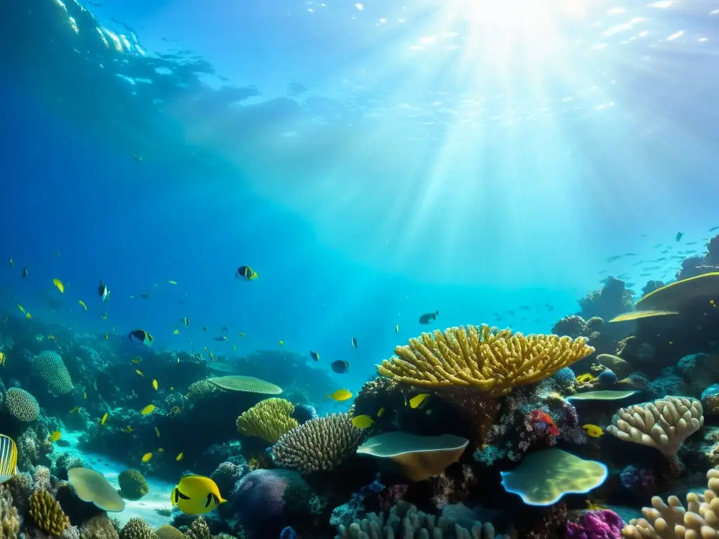 Vibrante arrecife de coral repleto de vida marina y texturas, resaltando la necesidad de cremas solares ecológicas para proteger el planeta