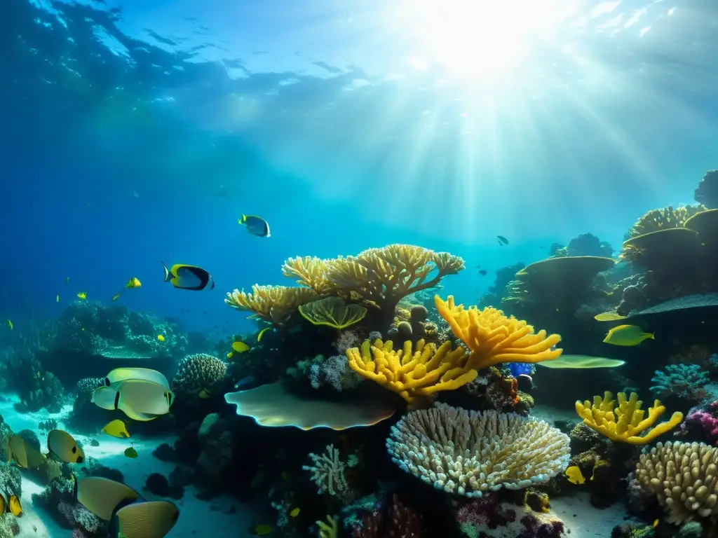 Un vibrante arrecife de coral repleto de vida marina y coloridos peces, destacando la belleza y vitalidad de los ecosistemas marinos