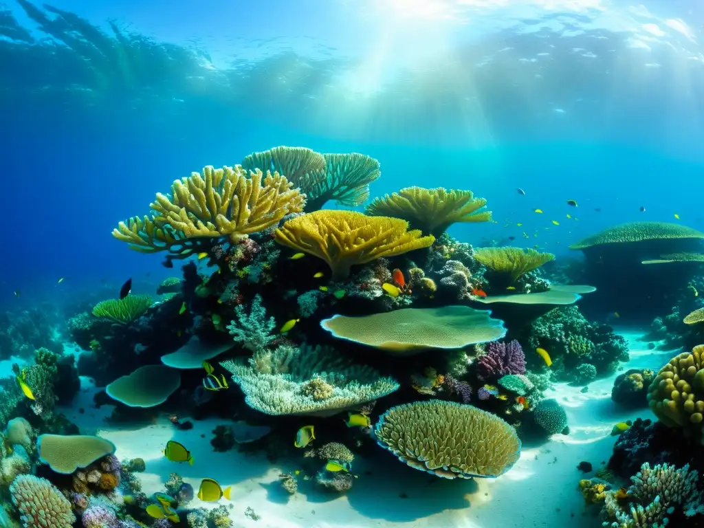 Un vibrante arrecife de coral con una riqueza biodiversa de vida marina y coloridas formaciones coralinas bajo el cálido brillo del sol