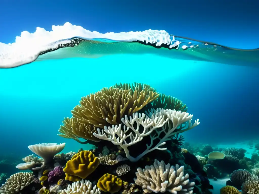 Un vibrante arrecife de coral contrasta con corales blanqueados por el cambio climático