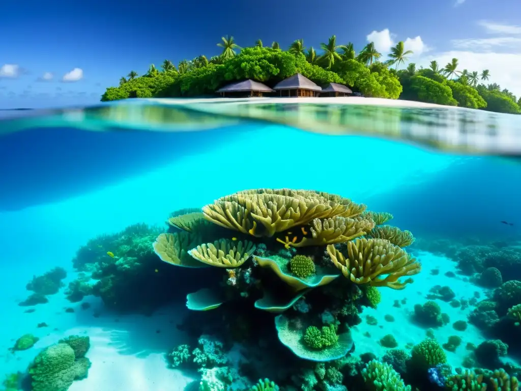 Vibrante arrecife de coral en Maldivas, muestra la biodiversidad marina