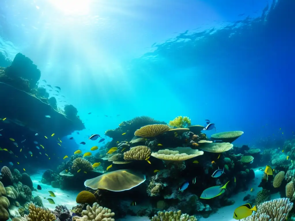 Vibrante arrecife de coral, vida marina diversa y agua cristalina, mostrando el impacto del cambio climático en los océanos