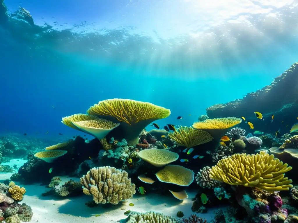 Vibrante arrecife de coral, evolución paisaje marino, peces y plantas marinas en aguas turquesas cristalinas